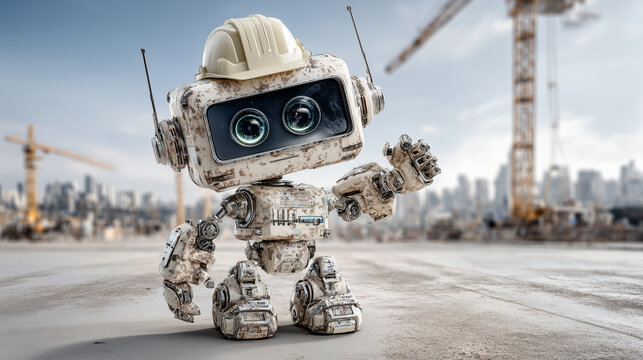 Proud Urban Builder Robot Before Glowing Architectural Structure &ndash; City Scene

