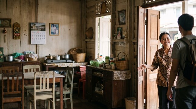 Homestay host preparing meal for guest