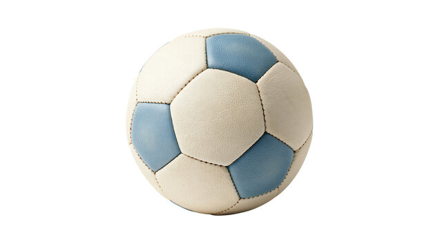 White and light blue leather soccer ball with pentagonal and hexagonal panels