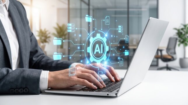 A person types on a laptop displaying a holographic artificial intelligence interface with connected data icons artificialintelligence machinelearning deeplearning automation