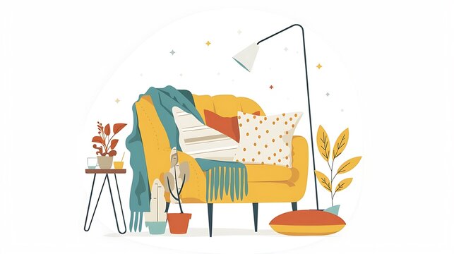 Cozy living room interior with yellow armchair, plants, and floor lamp creating a comfortable and inviting atmosphere.