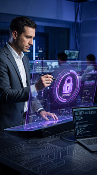 Man in suit interacting with holographic interface displaying network security, symbolizing digital protection and data management.