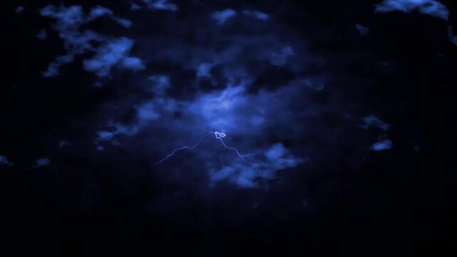 Dramatic blue lightning flashes and thunderstorms striking through dark stormy clouds