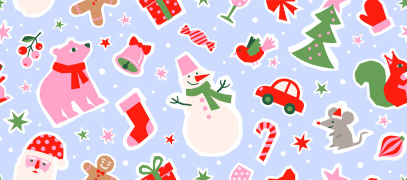 Seamless pattern in paper-cut style with Santa, snowman and cute winter animals. Festive sticker design for Christmas wrapping paper, scrapbooking and kids textile, vector illustration.