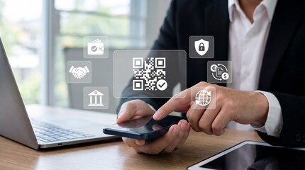 secure digital payment and qr code verification system. mobile banking interface with holographic...
