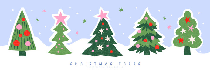 Obraz premium Set of Christmas trees in paper-cut style with grainy texture on a snowy background. Cute holiday sticker elements for winter scrapbooking and greeting cards, vector illustration.