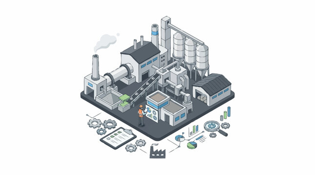 Isometric illustration of a modern industrial manufacturing factory plant.