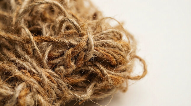 Coiled natural jute twine rope with textured fibers on neutral background