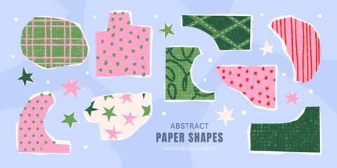 Obraz na płótnie Canvas Set of abstract torn paper shapes with various patterns and grainy texture. Cute collage elements for winter scrapbooking, holiday decor and festive backgrounds, vector illustration.