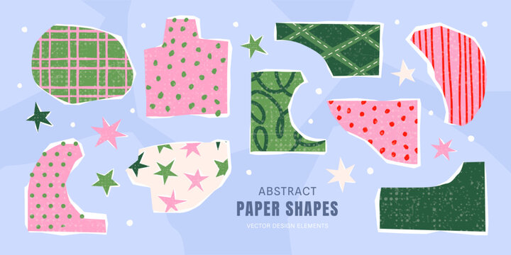 Set of abstract torn paper shapes with various patterns and grainy texture. Cute collage elements for winter scrapbooking, holiday decor and festive backgrounds, vector illustration.