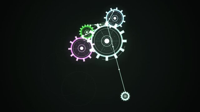 Neon glowing gears and mechanical cogs in a seamless looping animation on a black background