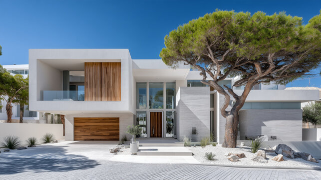 Modern Minimalist House with Glass Windows & Pine Tree &ndash; Luxury Real Estate Photo

