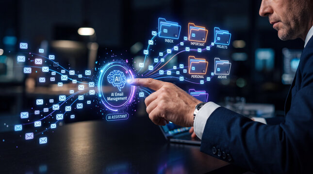 Business professional organizing email into virtual folders with an intelligent assistant