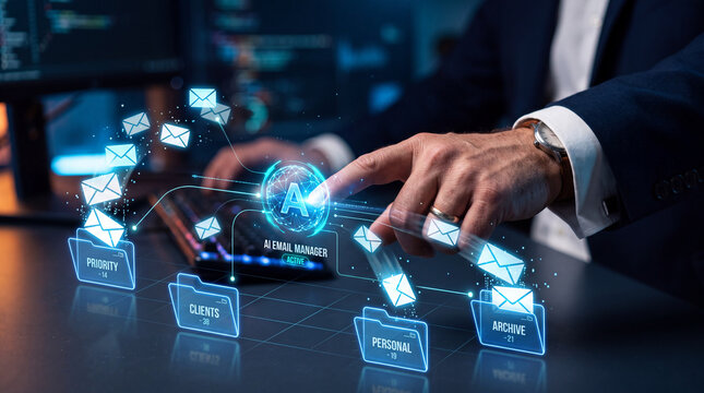 Hands sorting digital messages on an automated email management interface