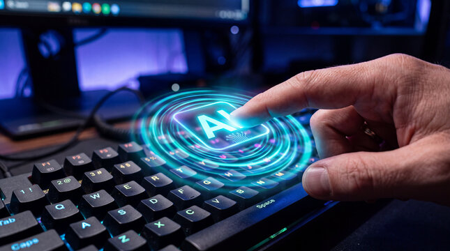Finger activating a glowing intelligent assistant symbol above a keyboard