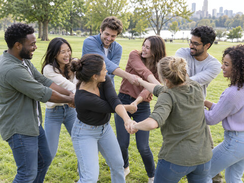Ultra Realistic Group of Friends Playing Human Knot Team Building Game Outdoors Multiplayer Cooperation Photography