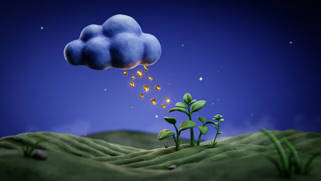 3D render of a blue rain cloud dropping golden coins onto a small green plant in a grassy field at nighttime