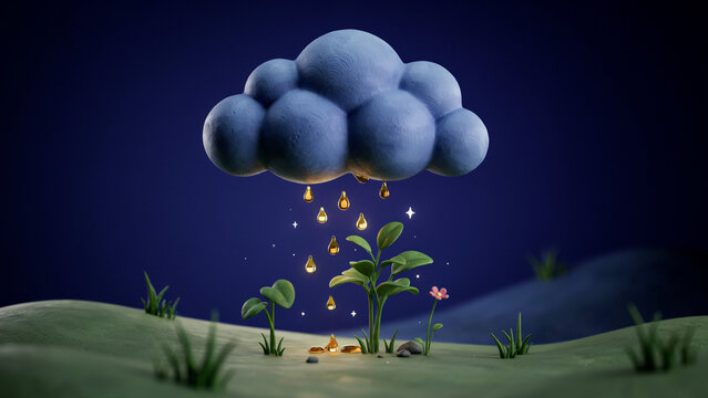 3D render of a blue rain cloud watering small green plants and a flower on a grassy hill against dark background