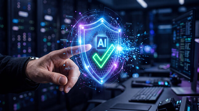 Finger touching a holographic shield with a green security checkmark