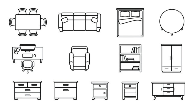 Floor plan symbols showing residential household inventory items like dining tables sofas beds desks chairs bookshelves cupboards chests nightstands and dressers arranged for interior design