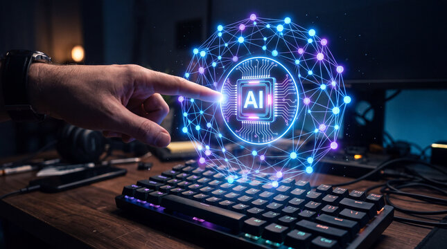 Hand activating a connected intelligent processor above a desktop keyboard