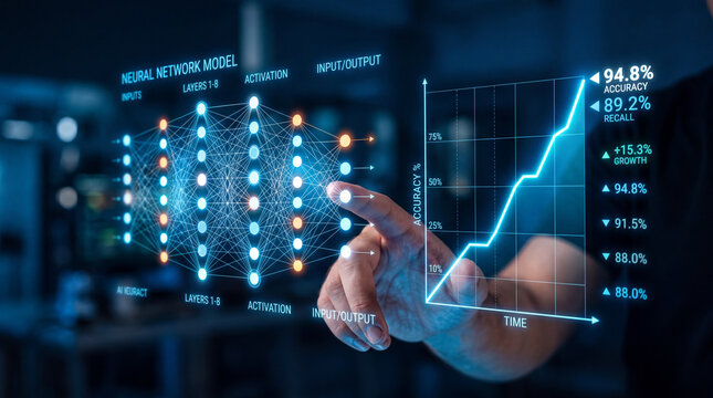 Finger selecting a neural model layer beside a rising performance graph