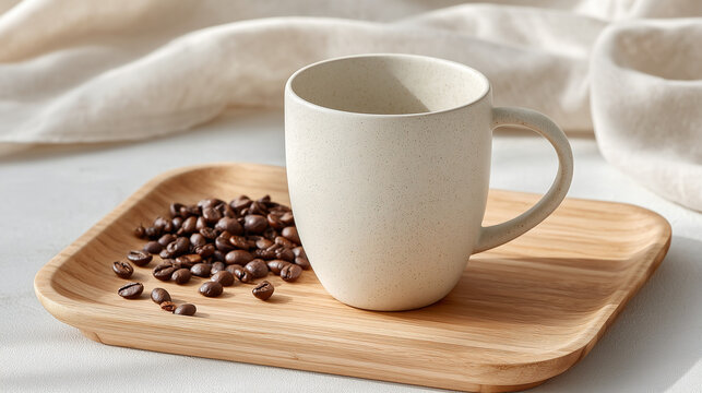 Matte Ceramic Coffee Cup on Wooden Tray &ndash; Warm Minimalist Product Photography

