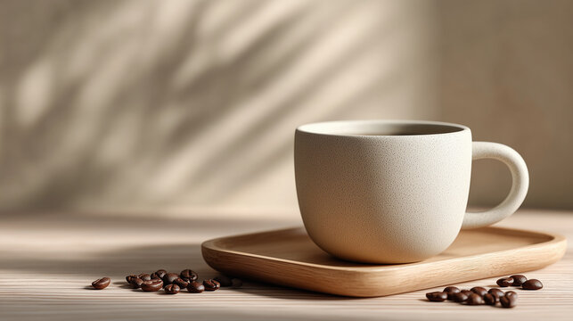 Matte Ceramic Coffee Cup on Wooden Tray &ndash; Warm Minimalist Product Photography

