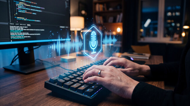 Hands typing beneath a glowing microphone and audio waveform