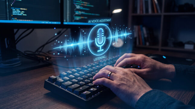 Computer user activating a voice assistant at a desktop workstation