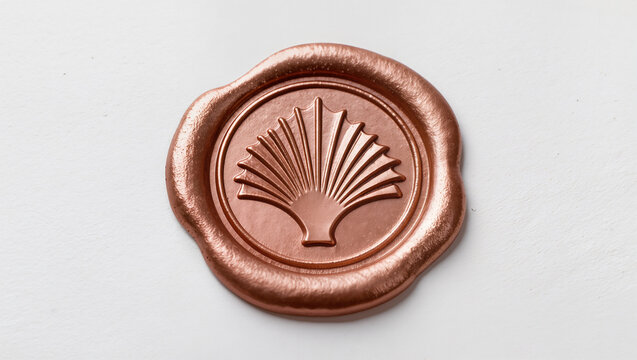 Copper rose gold wax seal stamp with an embossed shell fan emblem on a white background, elegant stationery and luxury branding concept with wide copy space for text