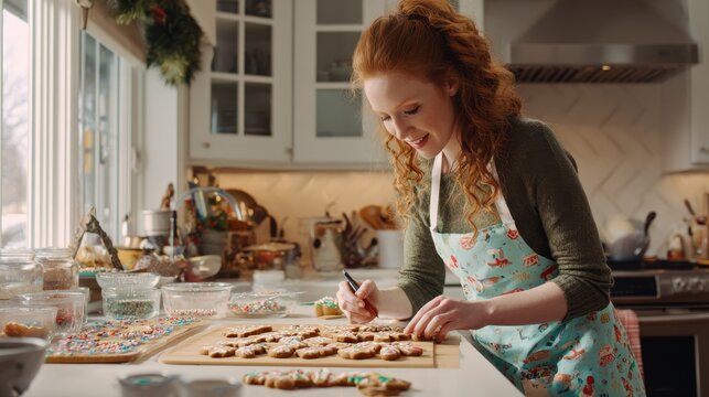 Christmas Cookie Decorating Fun. A woman with red hair decorates festive gingerbread cookies in a cozy kitchen setting during the holiday season