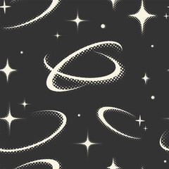 Celestial space seamless pattern with glowing stars and orbiting planetary rings featuring halftone dot texture © Ilonka eva