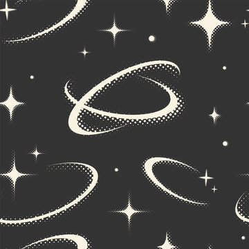 Celestial space seamless pattern with glowing stars and orbiting planetary rings featuring halftone dot texture