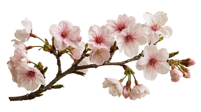 Delicate pink cherry blossom flowers on a brown tree branch