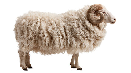 Fluffy white ram with large curled horns standing in profile © Maria