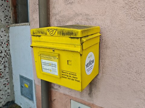 Raabs an der Thaya,Austria-August 28 2026:Yellow Czech Post public mailbox