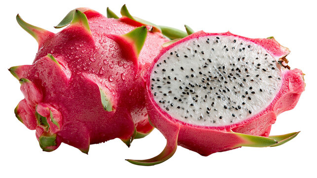 Whole and sliced dragon fruit with water droplets and vibrant pink skin