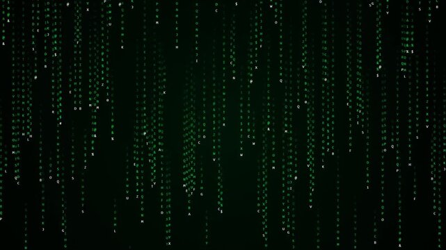 Abstract digital background with falling green binary code characters on dark background.