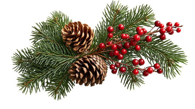 Evergreen pine branch with brown pinecones and bright red holly berries