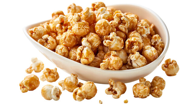 Caramel glazed popcorn in a white ceramic bowl