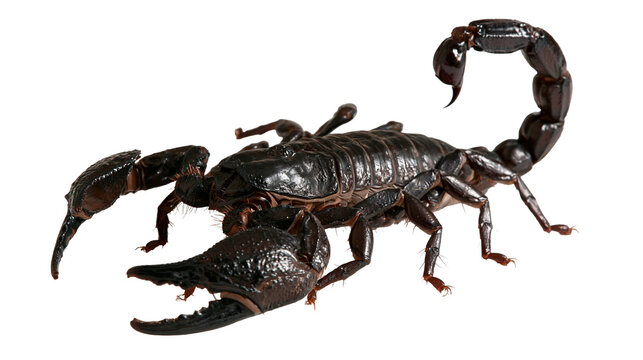 Large black emperor scorpion with raised stinger and open pincers