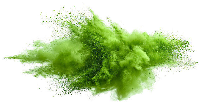 Vibrant green matcha tea powder explosion with fine particles and dust cloud
