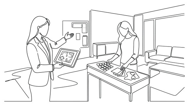 Continuous line drawing of a professional interior designer presenting project concepts to a client.