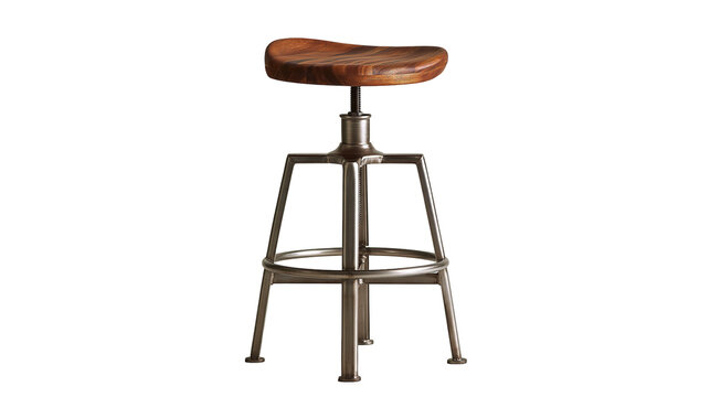 Industrial style bar stool with dark wood seat and adjustable metal base