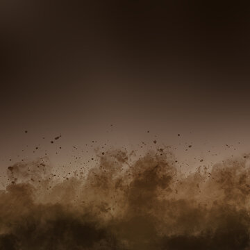 Brown dust explosion with flying dirt particles and smoke clouds rising against a dark sepia background. Smoke background