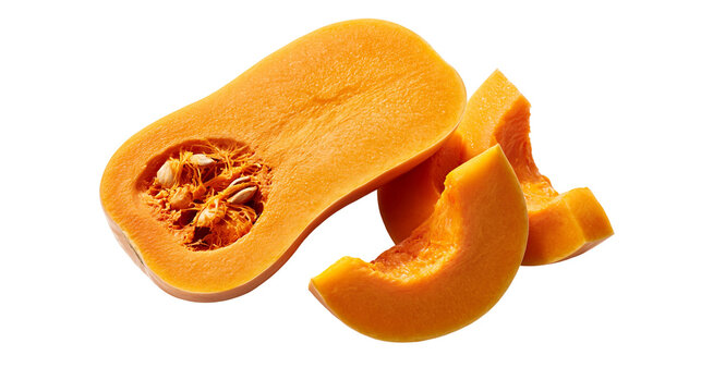 Fresh sliced butternut squash with seeds and orange flesh