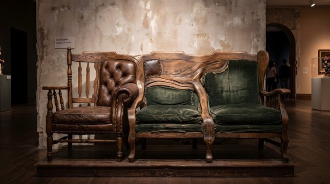 Surreal eclectic fused sofa featuring brown leather tufted armchair integrated with green velvet couch in rustic museum exhibition setting