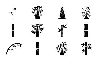 Fototapeta premium Bamboo Vector Icons Set, Black Silhouette Plant Elements, Tropical Forest Stalks, Asian Nature Graphics, Decorative Growth Illustrations