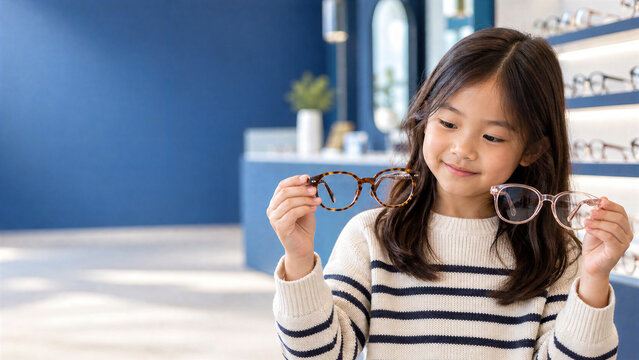 Young girl comparing two eyeglass frames in an optical store